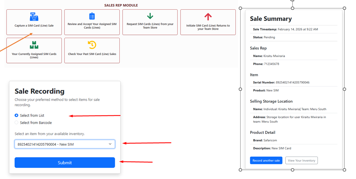 Recording a Sale Screen