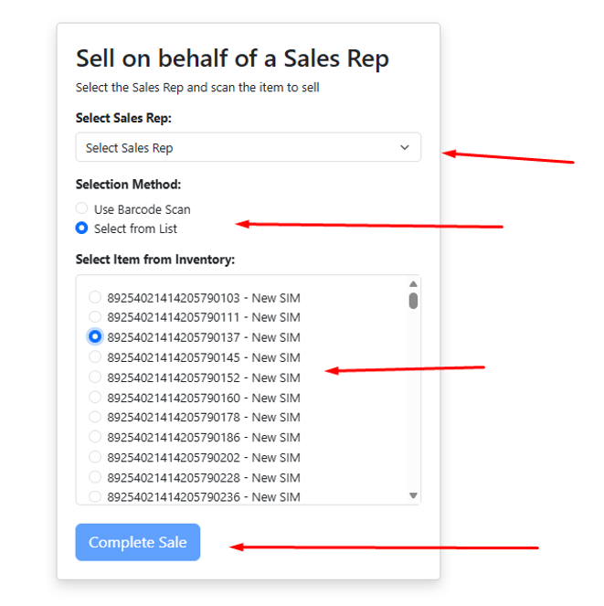 Sell on Behalf Screen