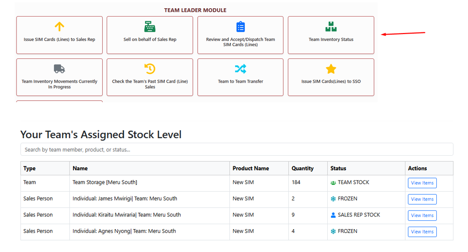 Inventory Status Screen