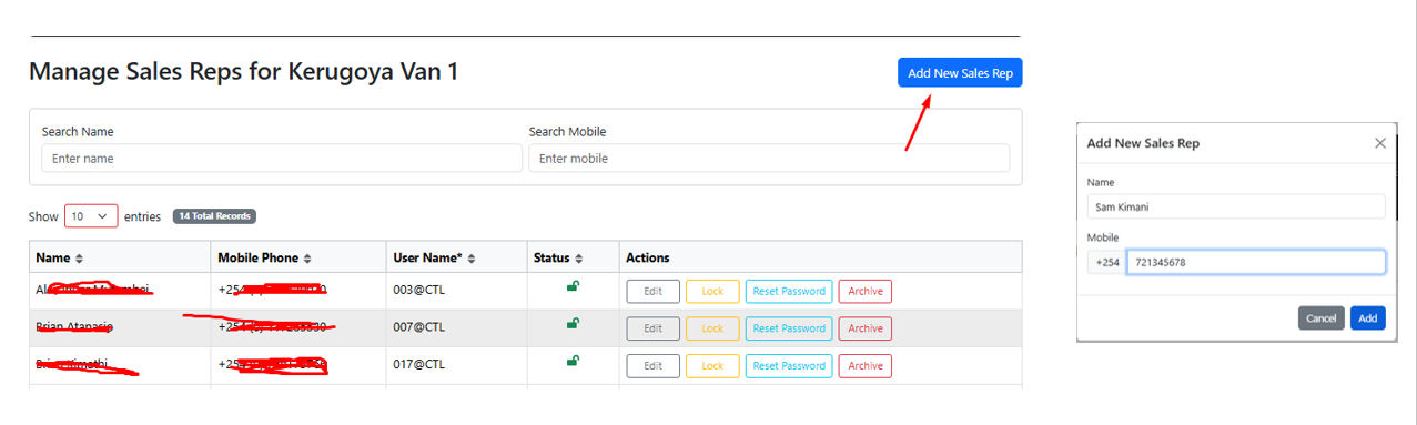 Add Sales Rep Screen